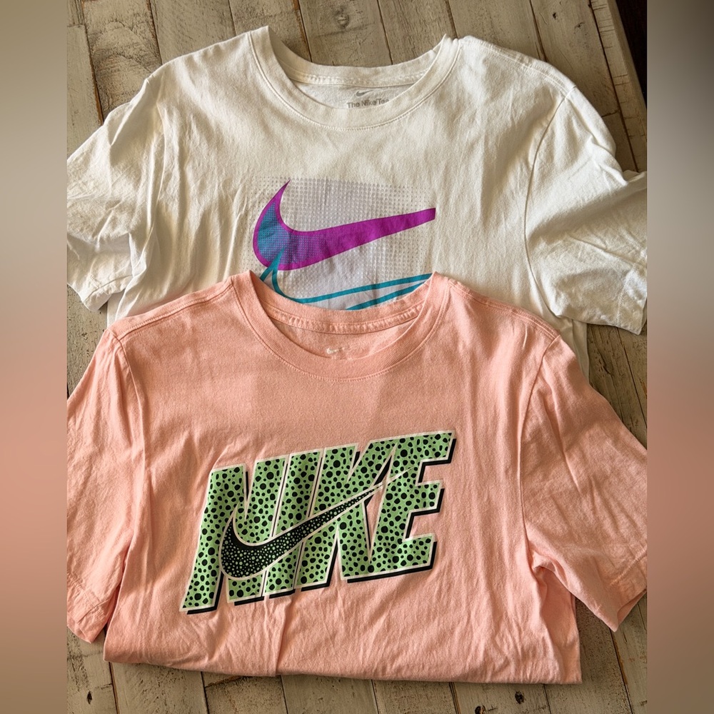 Nike Graphic Tees: (S) Pink Coral Green Polka-Dot Logo & Blue/Magenta Swoosh tee